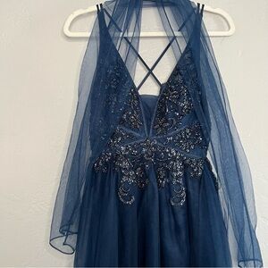 Gianni Bini Navy Blue Beaded Strappy Formal Gown with Tulle Scarf Size 7